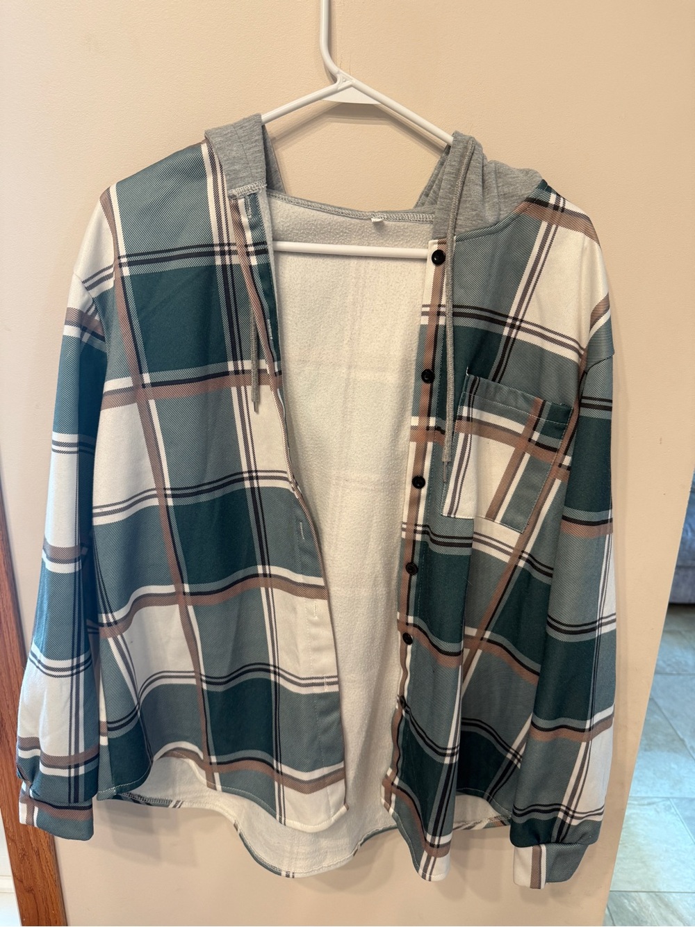 Plaid Hooded Button-Up Shirt Jacket — Teal, White, Brown - Small but oversized
